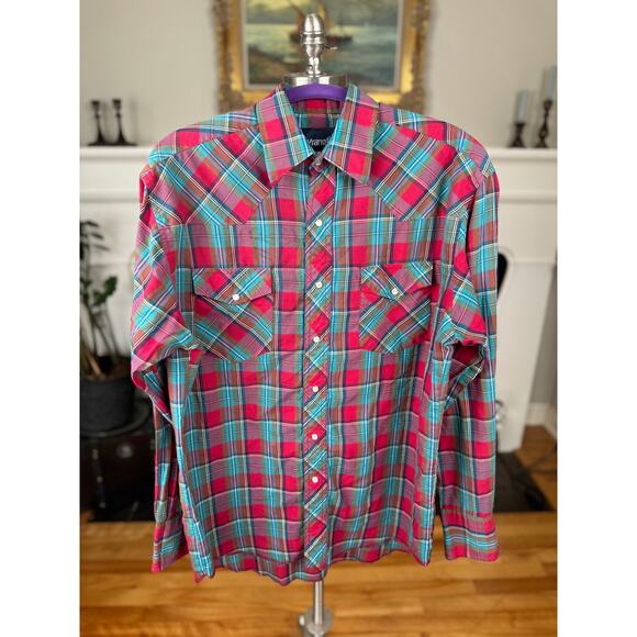 Vintage 90s Western Shirt, Wrangler, Plaid Red and Teal, Men's Medium - Picture 1 of 10
